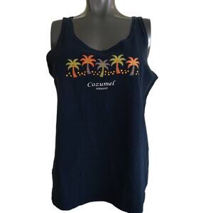 Le Best 100% Cotton Large Navy Blue Tank Top Glittery Palm Trees Cozumel Mexico